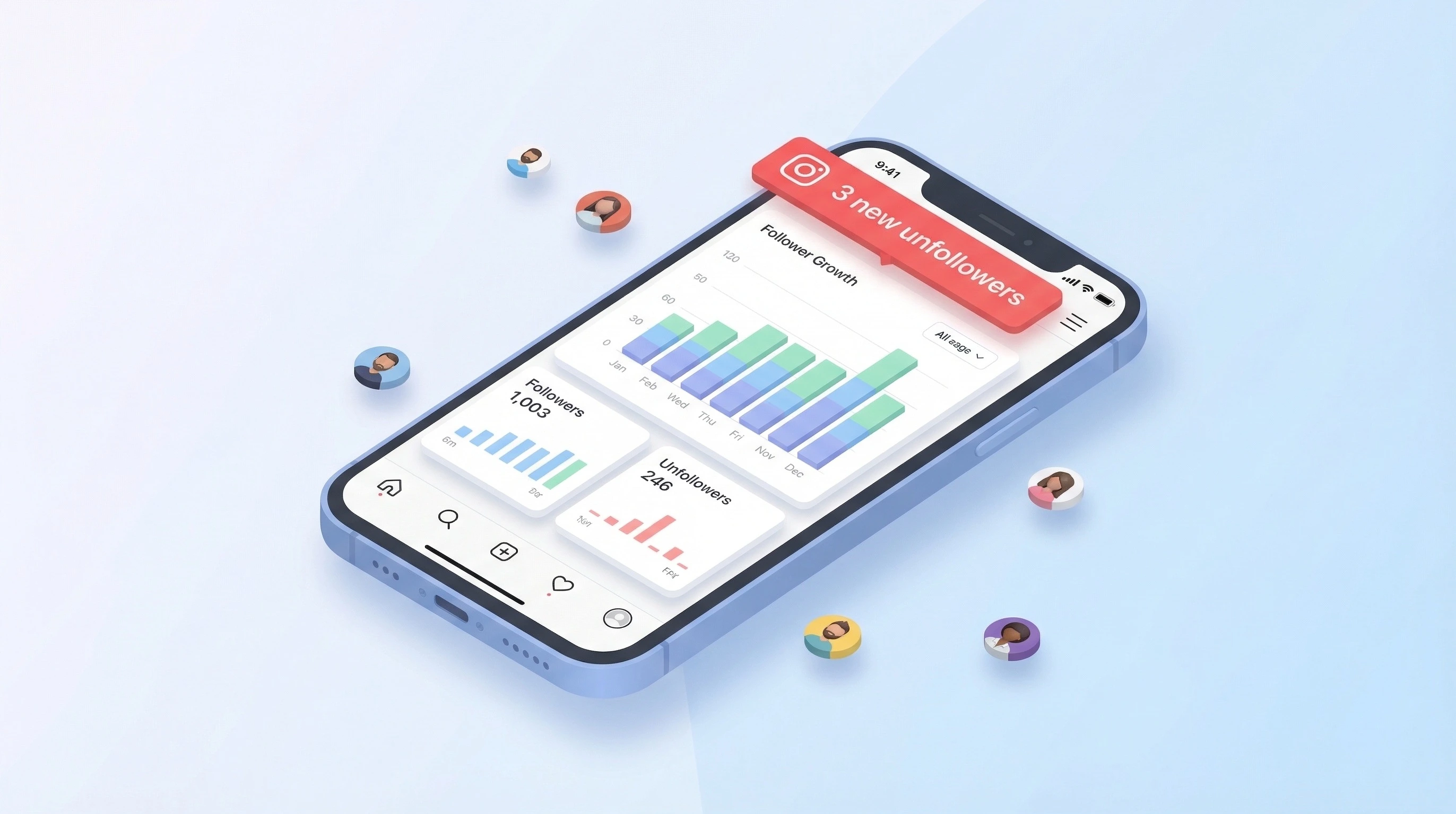 Instagram follower tracker app showing unfollower alerts and follower growth analytics dashboard