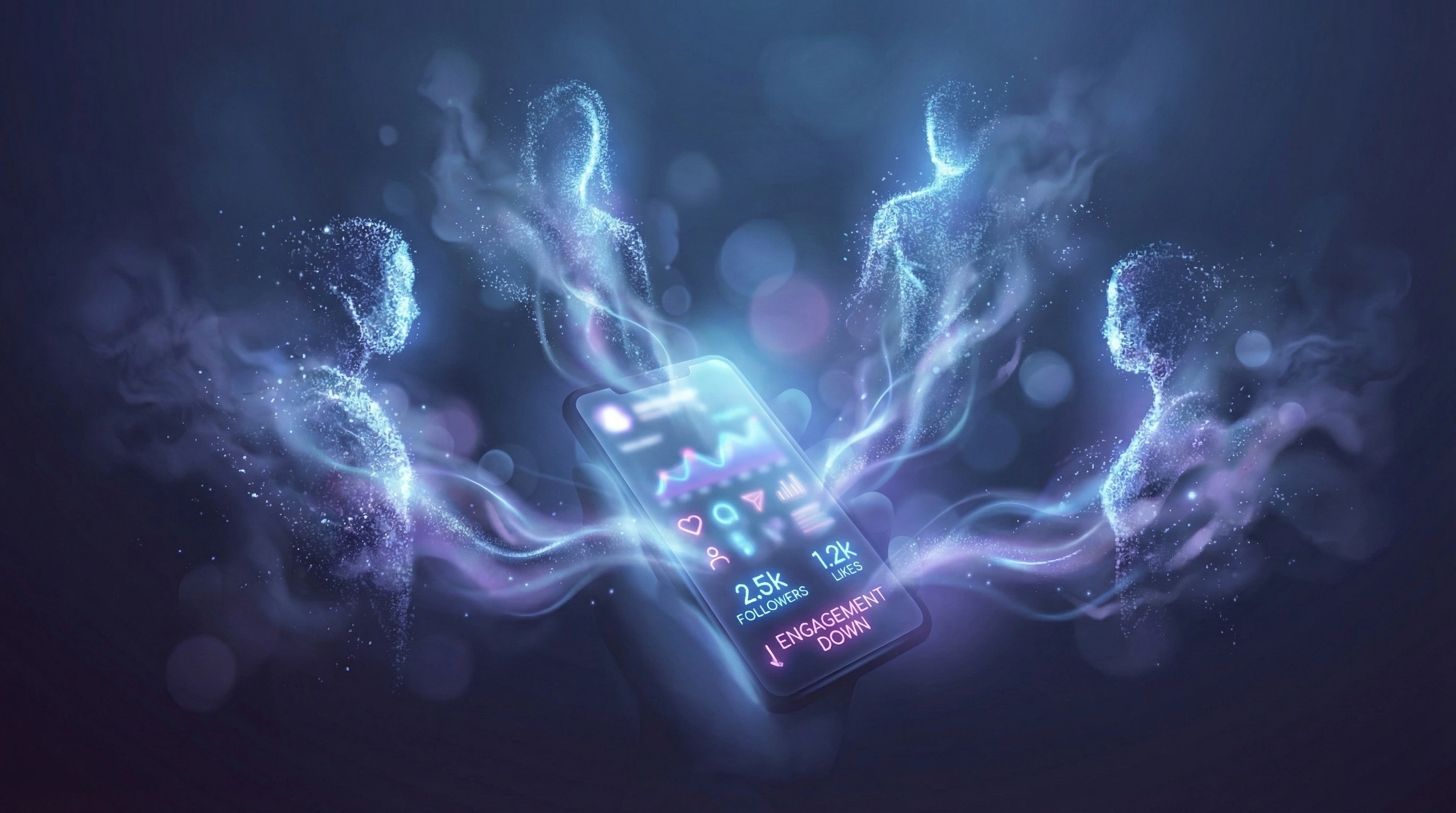 Ghost followers on Instagram shown as fading inactive accounts around engagement metrics on a smartphone