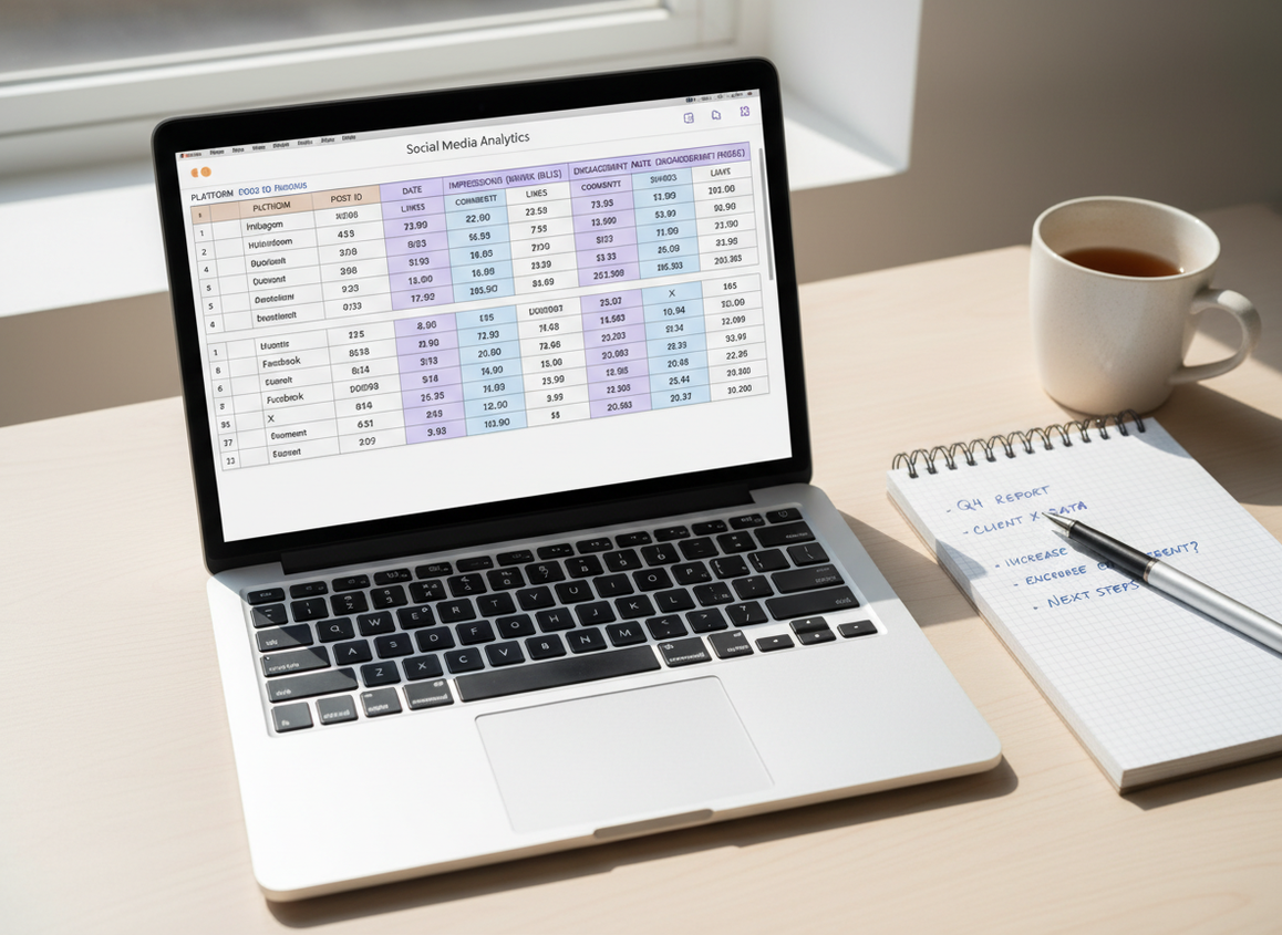 Instagram Insights vs Meta Business Suite Reporting: Close-up overhead view of a laptop screen showing an exported CSV fil...