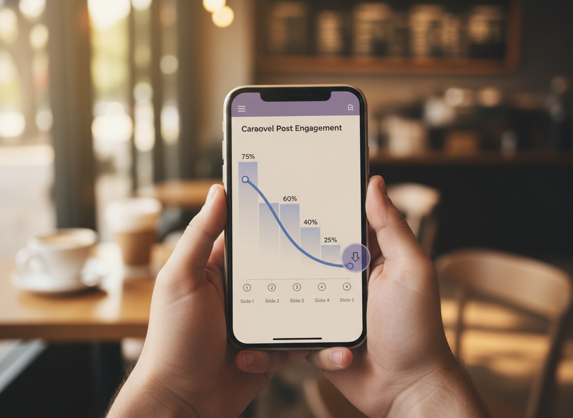 Creator and Business Accounts Insights Comparison: Close-up of hands holding a smartphone displaying a carousel post analy...
