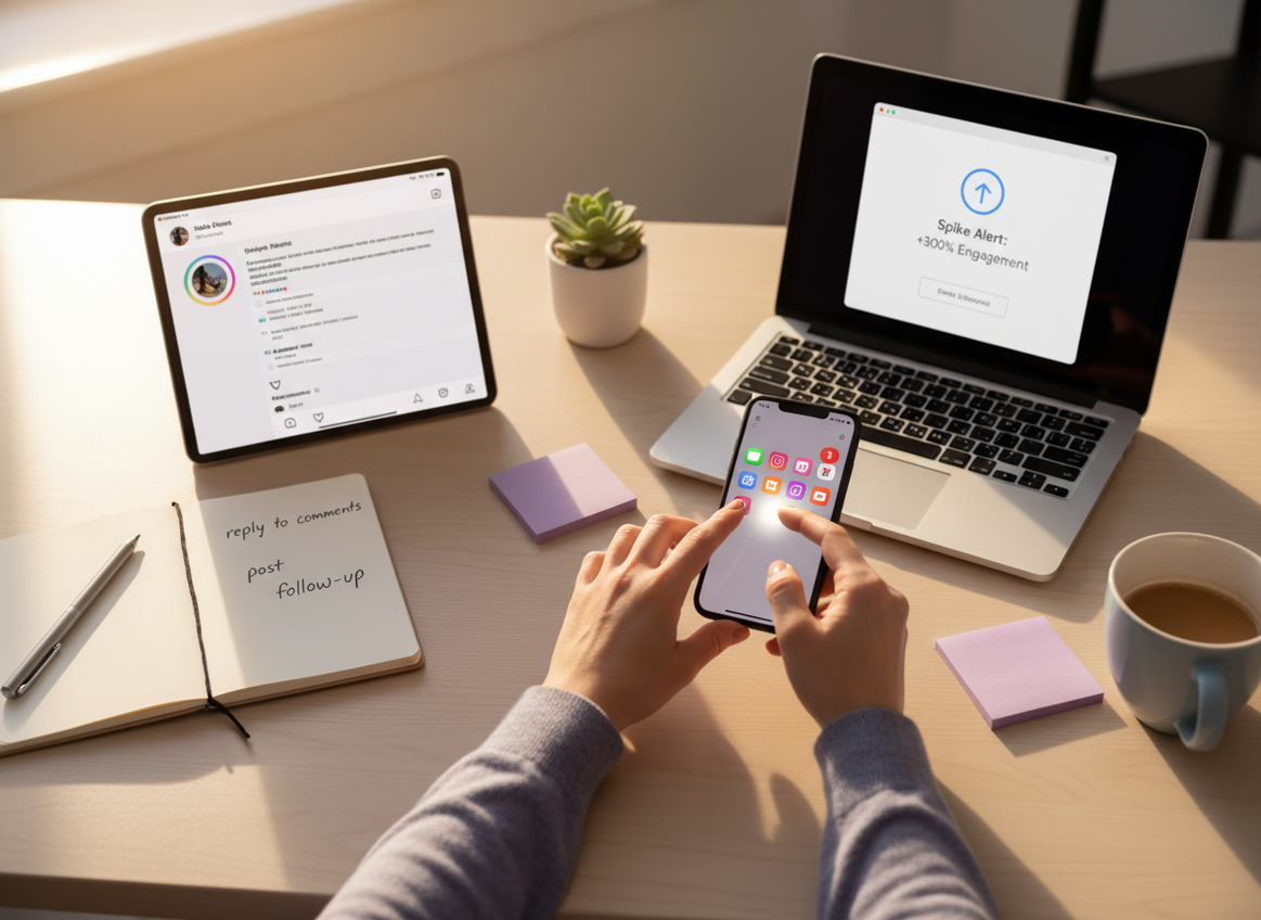 Data Freshness Insights vs Real Time Alerts: Overhead view of a content creator's workspace showing hands actively typing on 