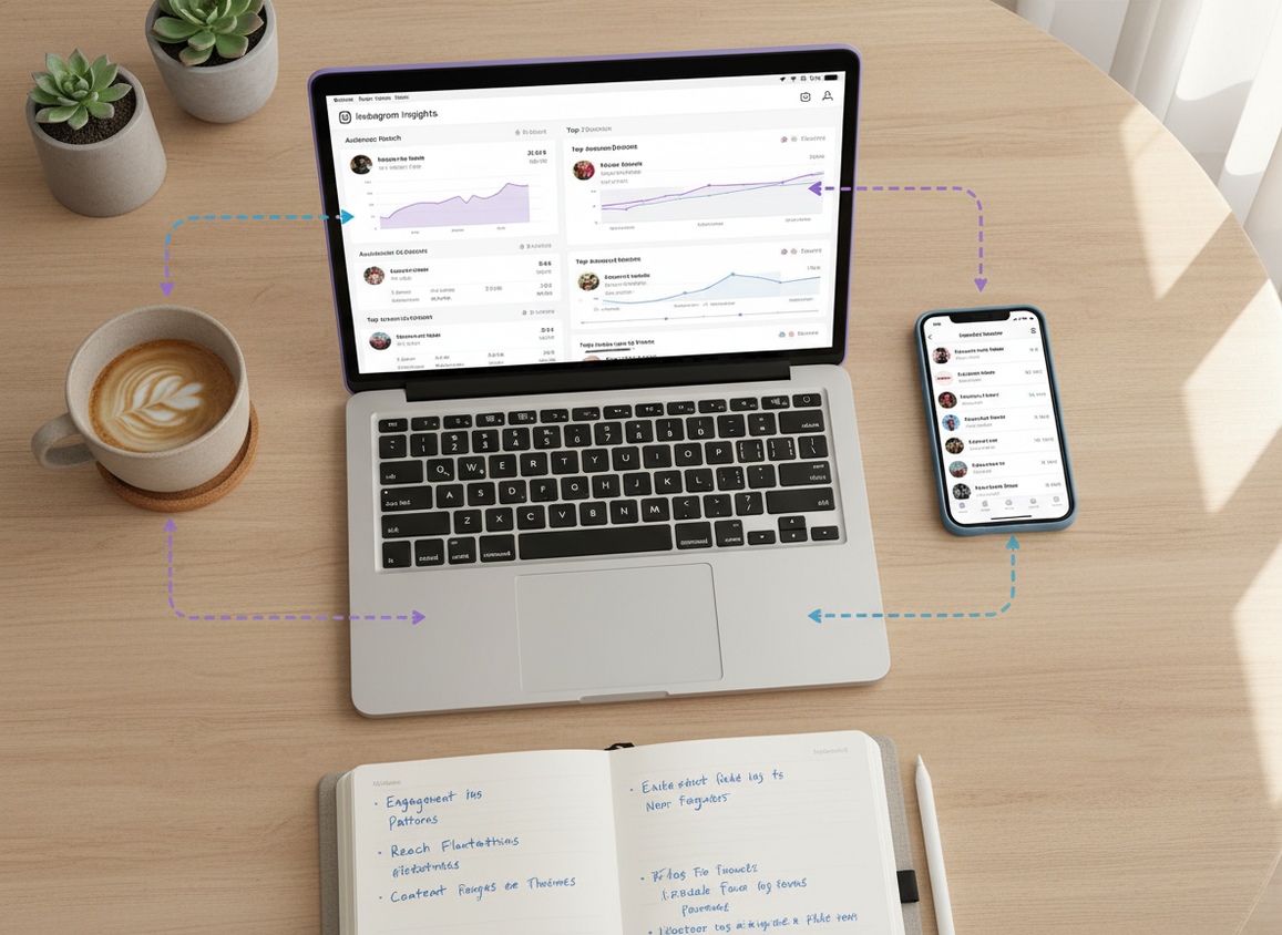 Instagram Insights vs Follower Trackers: An overhead view of a clean workspace showing a laptop and smartphone working to