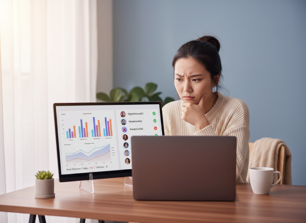 Choosing Between Insights and a Follower Tracker: A young content creator sitting at a desk with a laptop, looking thought...