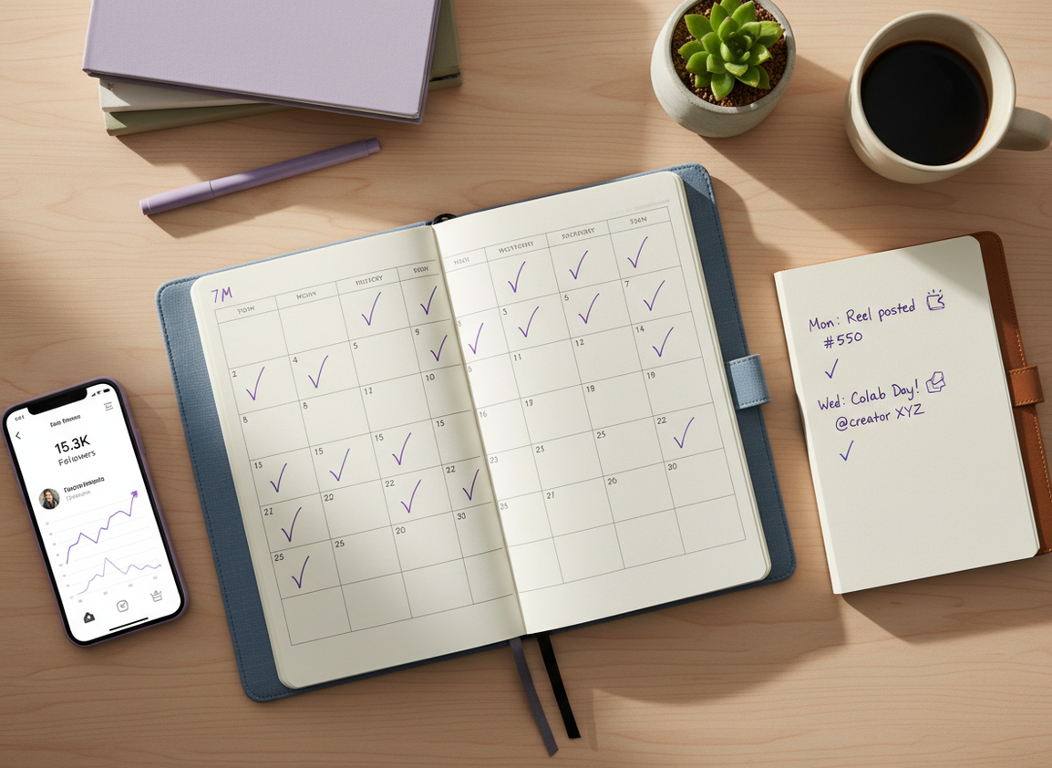 Follower Count Changes Insights vs Tracker Logs: A top-down flat lay photograph of a organized workspace showing a monthly...