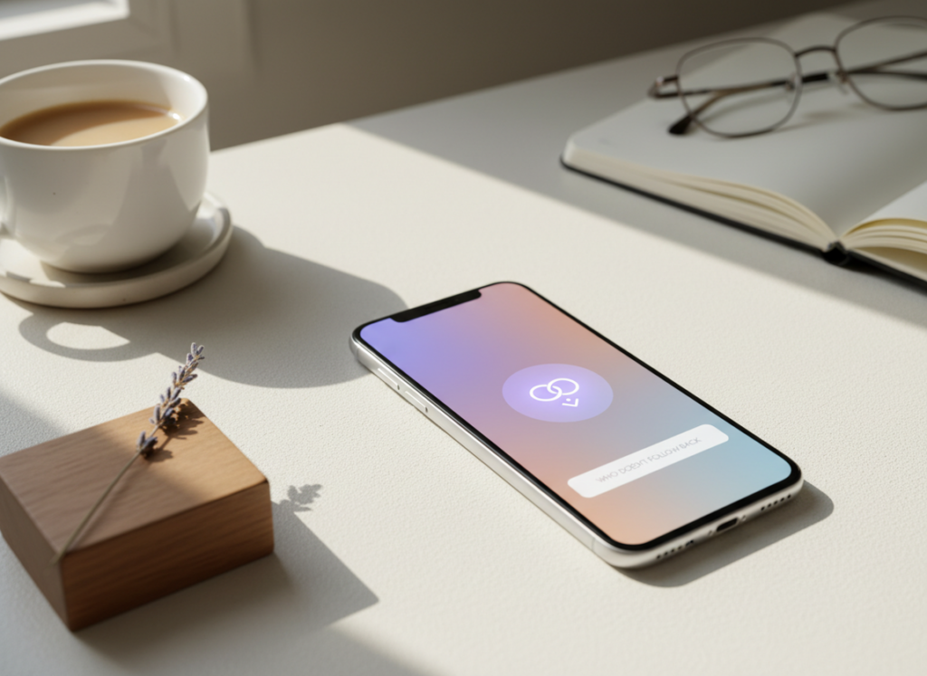 How to Find People Who Don't Follow You Back: Professional editorial photography, modern smartphone with clean abstract in...