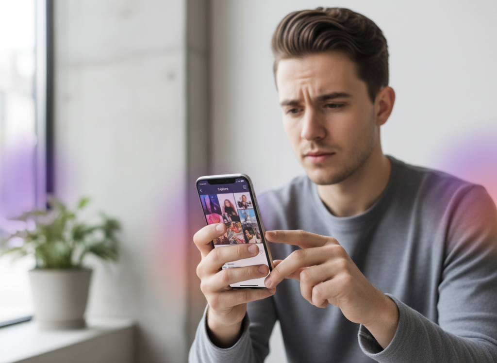 Why Your Instagram Follower Count Fluctuates: Person using phone with Instagram, curious expression, modern style
