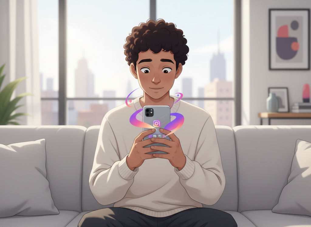 Free vs Paid Instagram Follower Trackers: Person using phone with Instagram, curious expression, modern style