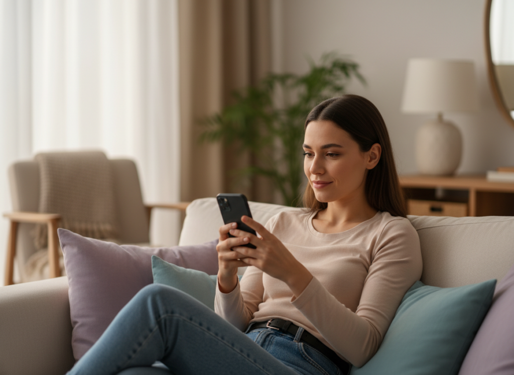 How to Use an Instagram Follower Tracker Safely: Professional lifestyle photography, young adult woman in her late 20s, si...