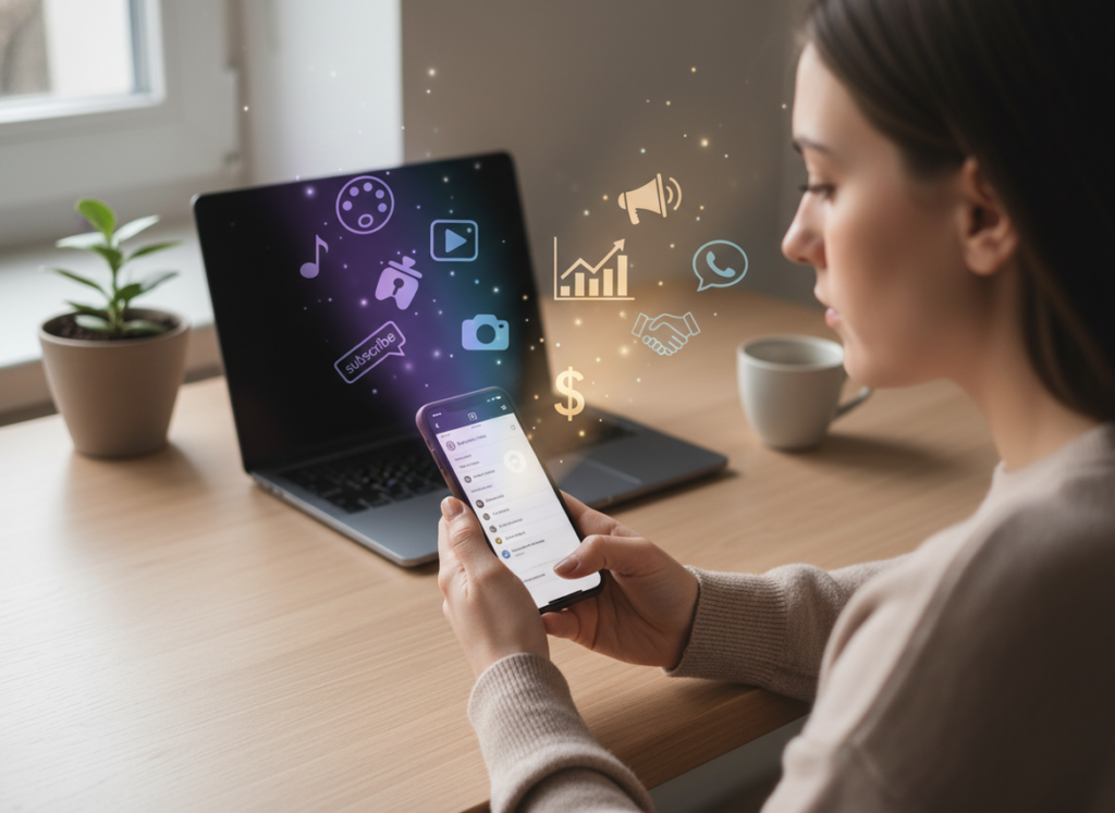 Creator and Business Accounts Insights Comparison: A person sitting at a desk with their smartphone in hand, looking thoug...