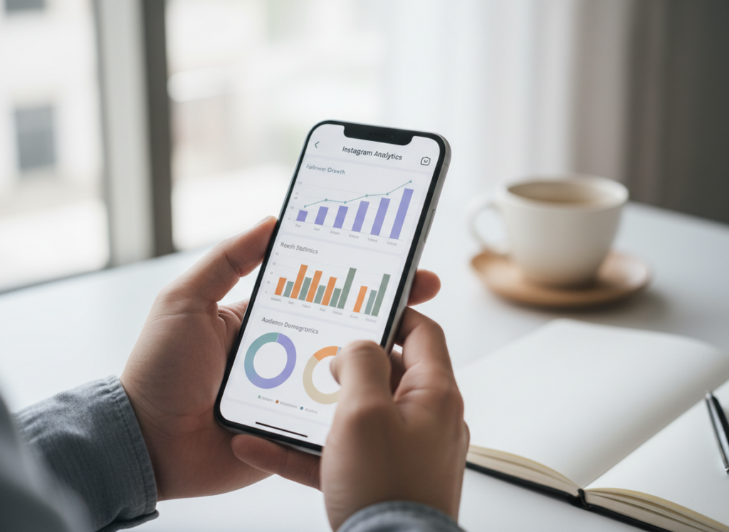 Insights Audience Data vs Tracker Audience Lists: A person's hands holding a smartphone displaying Instagram analytics wit...