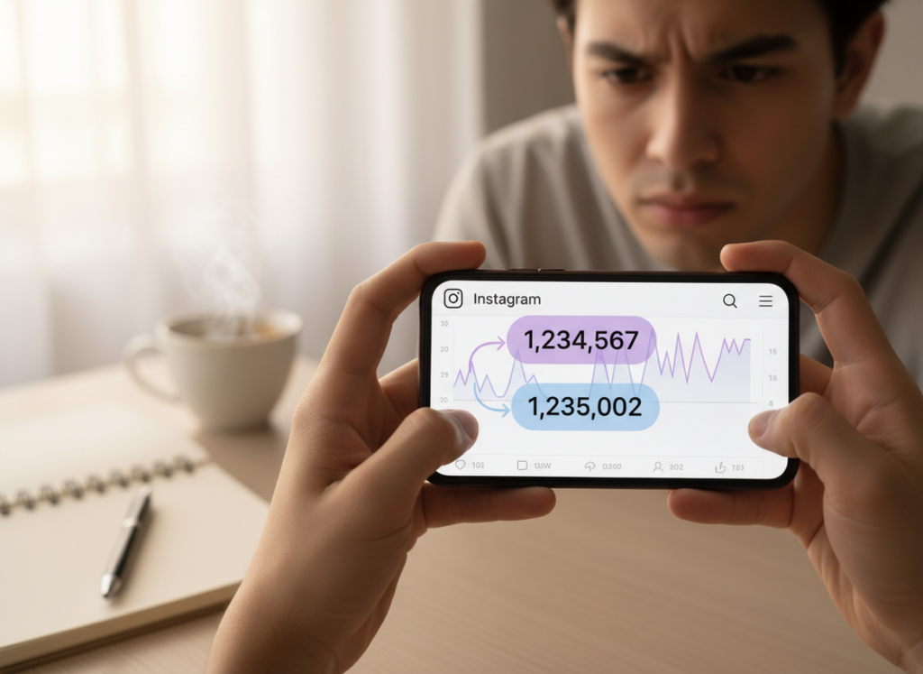 Follower Count Changes Insights vs Tracker Logs: A person's hands holding a smartphone displaying Instagram analytics with...