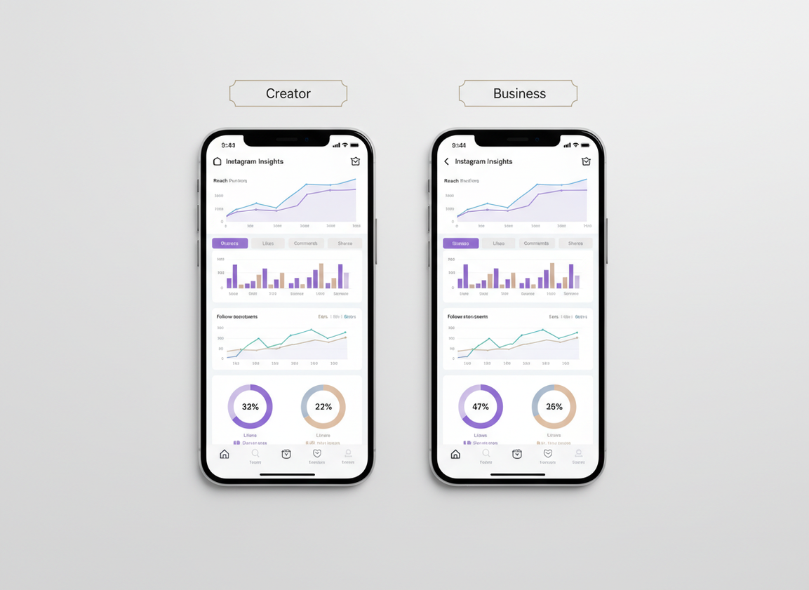 Creator and Business Accounts Insights Comparison: Two smartphone screens side by side on a clean white desk surface, both...