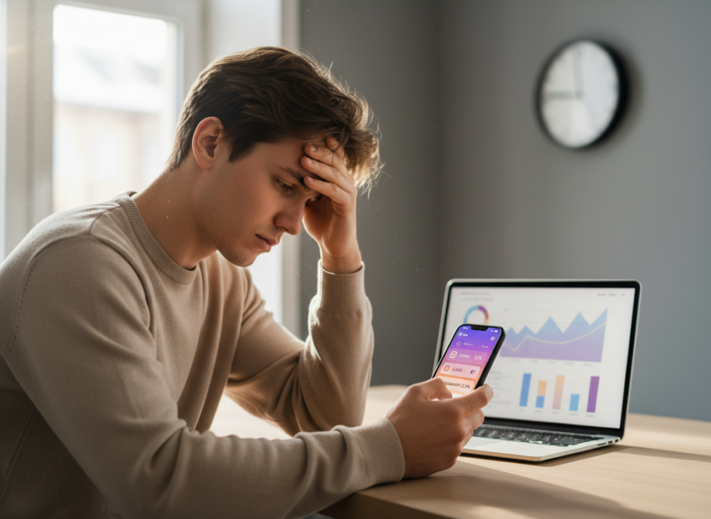 Data Freshness Insights vs Real Time Alerts: A content creator sitting at a modern desk looking frustrated at their smartphon