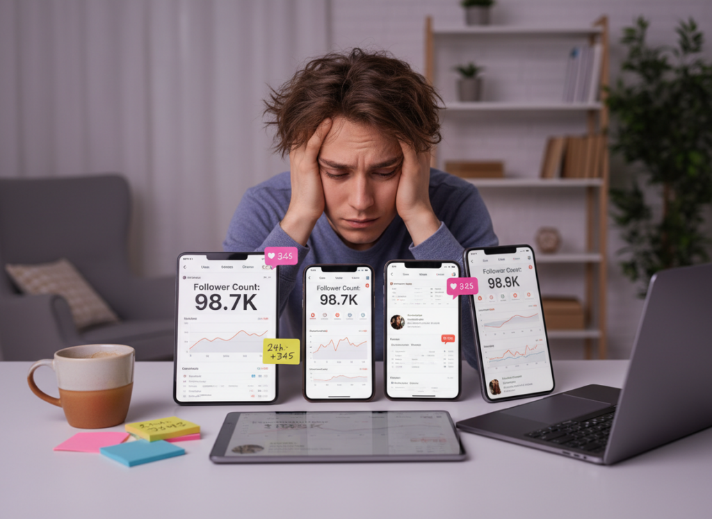 Best Workflow Using Insights With a Tracker: A person sitting at a modern desk looking overwhelmed, multiple phone and laptop