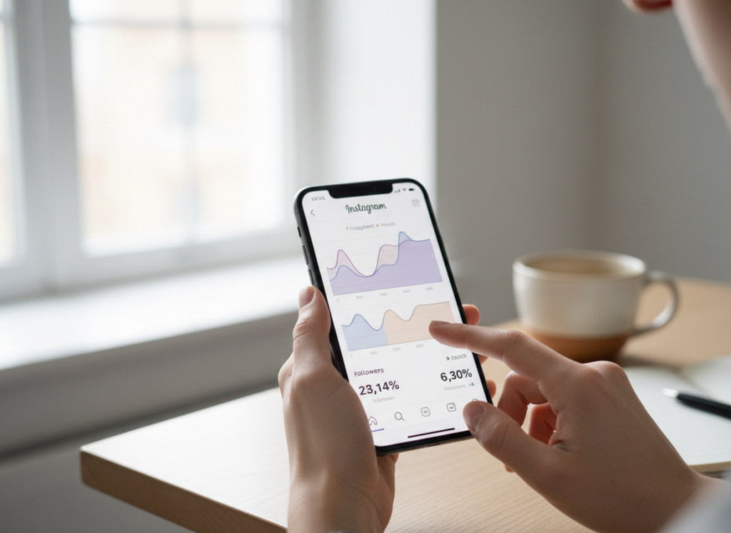 Instagram Insights vs Meta Business Suite Reporting: A person's hands holding a smartphone in a casual setting, scrolling ...