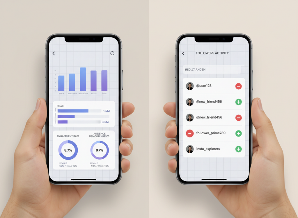 Instagram Insights vs Follower Trackers: A split-screen smartphone display showing two distinct Instagram analytics inter