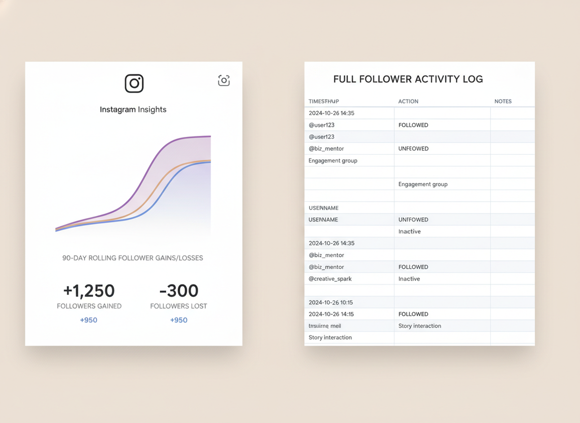 Follower Count Changes Insights vs Tracker Logs: A split-screen style composition showing two distinct data visualization ...