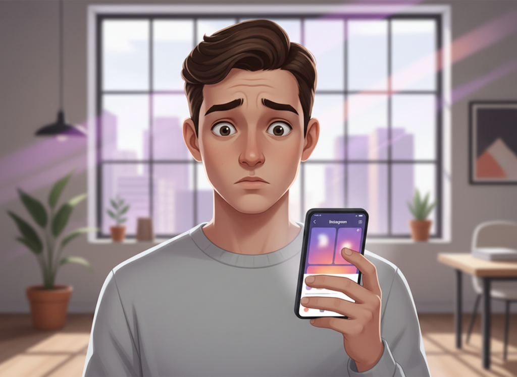 Does Instagram Notify When You Unfollow Someone: Person using phone with Instagram, curious expression, modern style