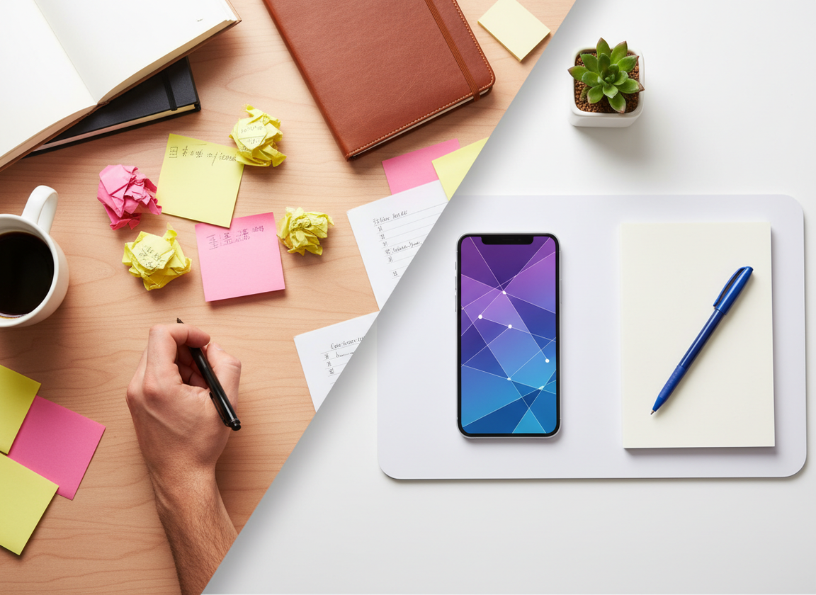 Manual Tracking Risks and Common Mistakes: Clean overhead product photography style, split composition showing contrast bet