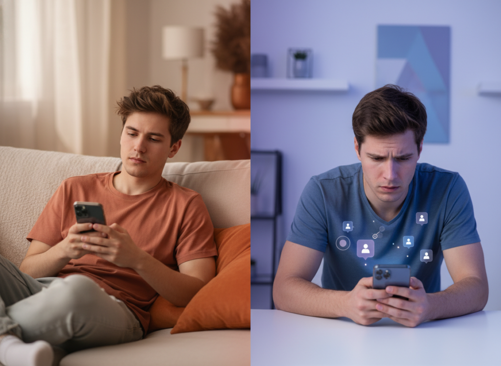 Manual Unfollower Checks vs Tracker Alerts: Split composition professional lifestyle photography, left side shows a woman in