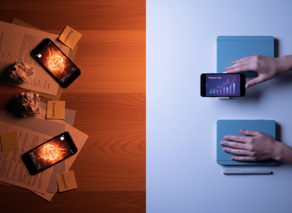 Privacy Comparison Manual Tracking vs Trackers: Professional lifestyle photography, split composition visual metaphor, lef...