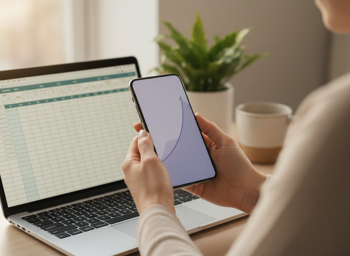 Privacy Comparison Manual Tracking vs Trackers: Clean how-to product photography style, close-up of feminine hands mid-30s...