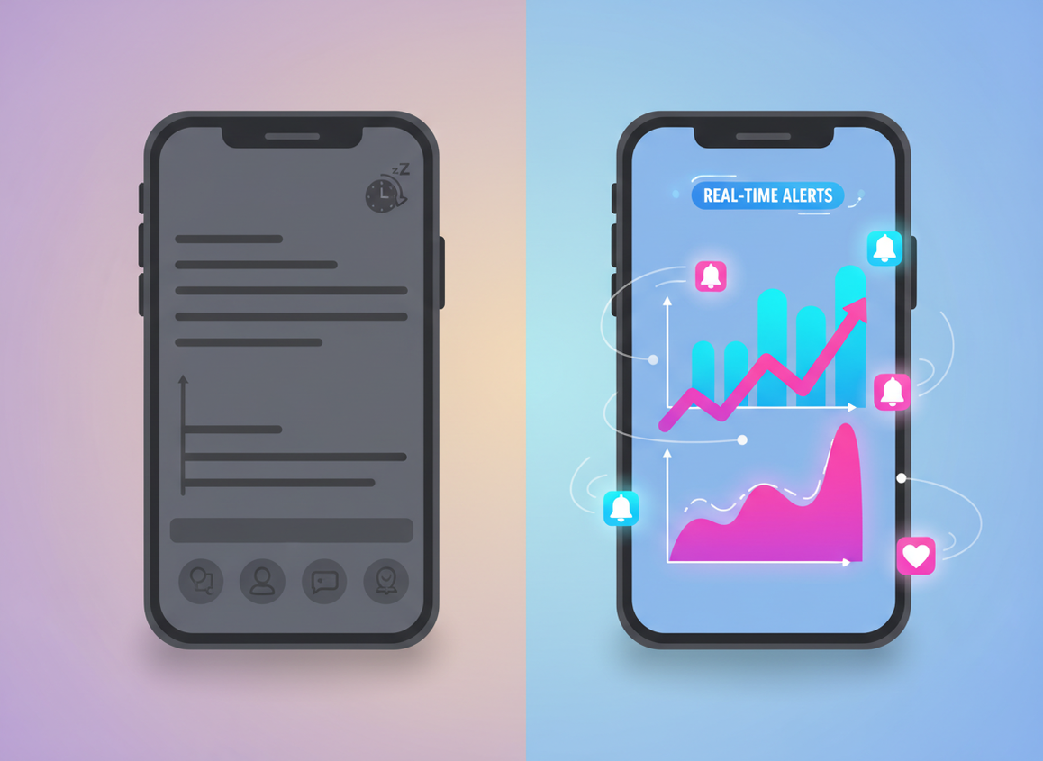 Data Freshness Insights vs Real Time Alerts: Split-screen visual comparison concept: on the left side, a dimmed smartphone sh