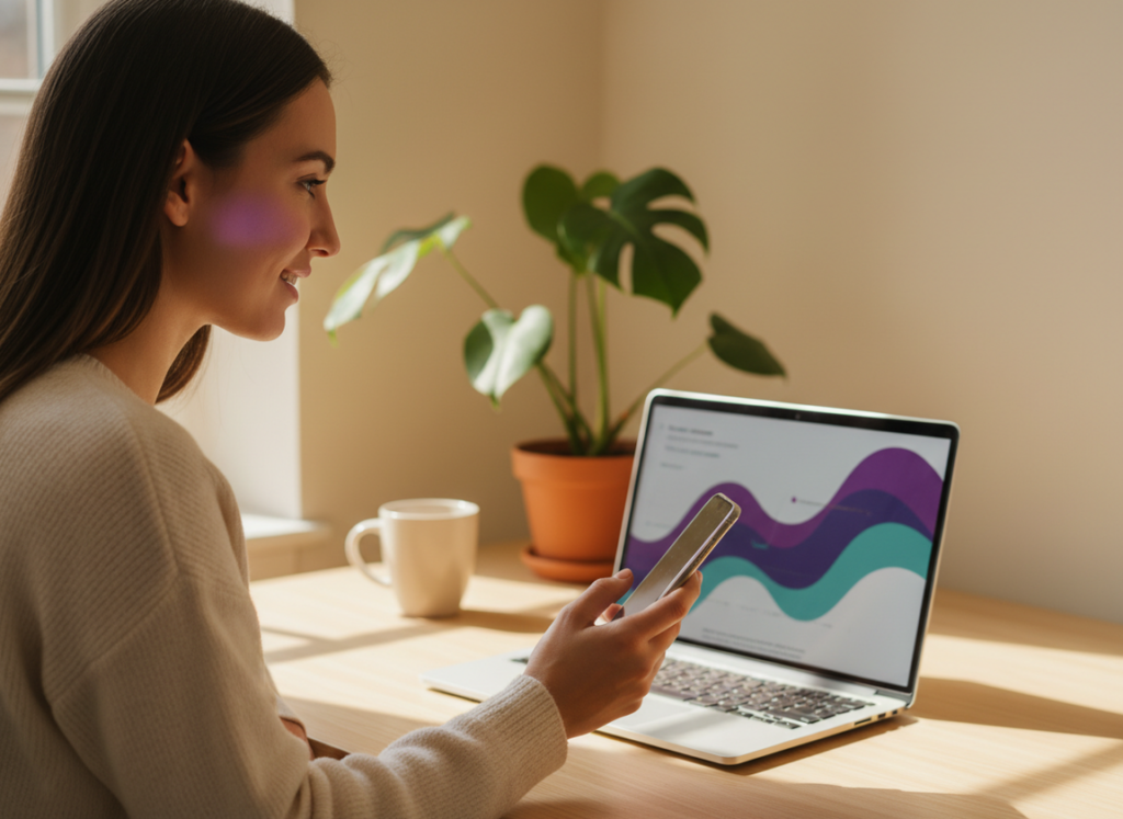 What Trackers Can Show That Manual Cannot: Professional lifestyle photography, young adult woman in her late 20s sitting at