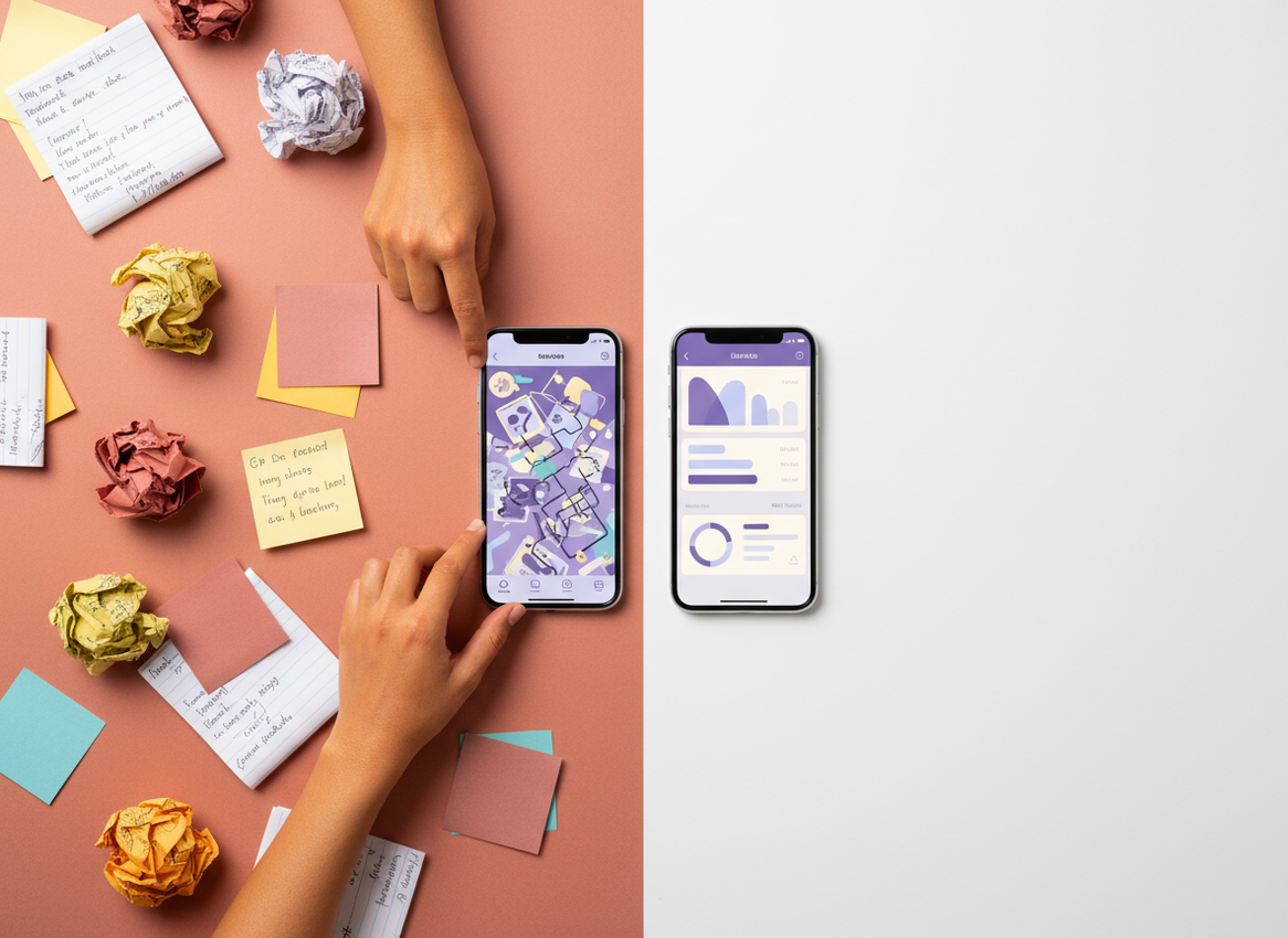 What Trackers Can Show That Manual Cannot: Split composition professional photography style, left side showing chaotic scen
