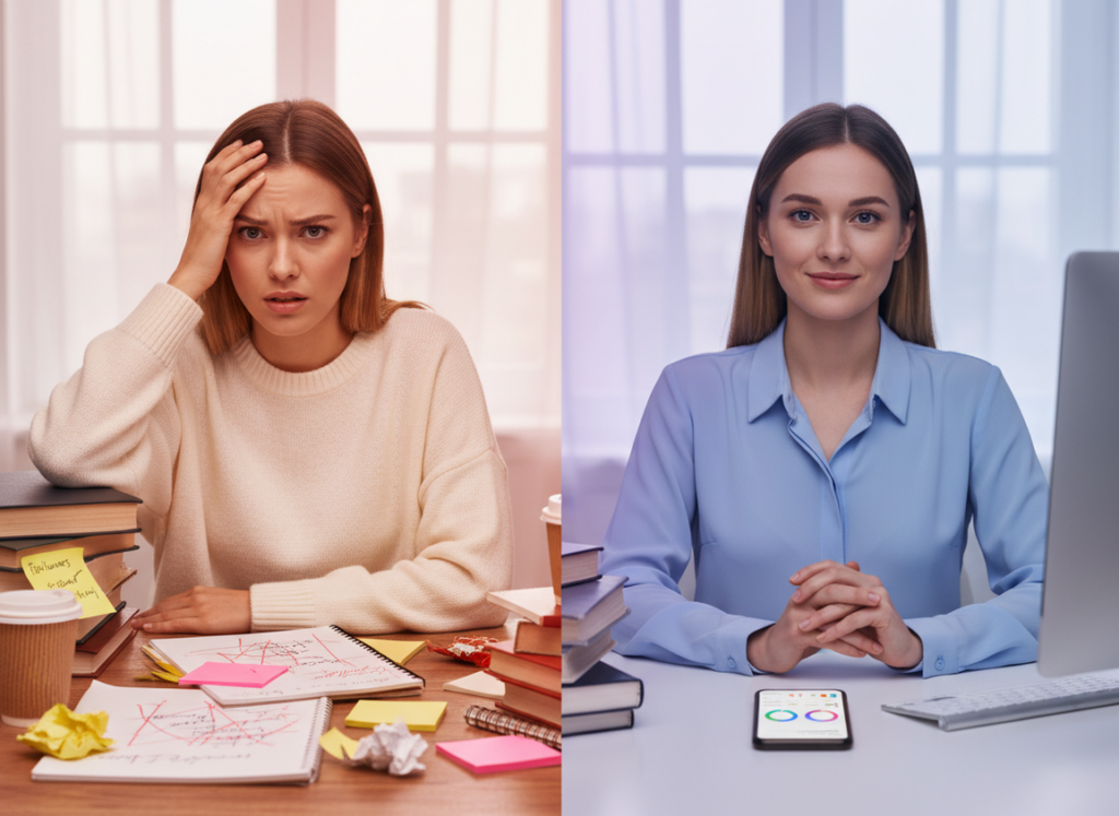 Instagram Tracker vs Manual Tracking: Professional lifestyle photography style, split composition showing contrast, le