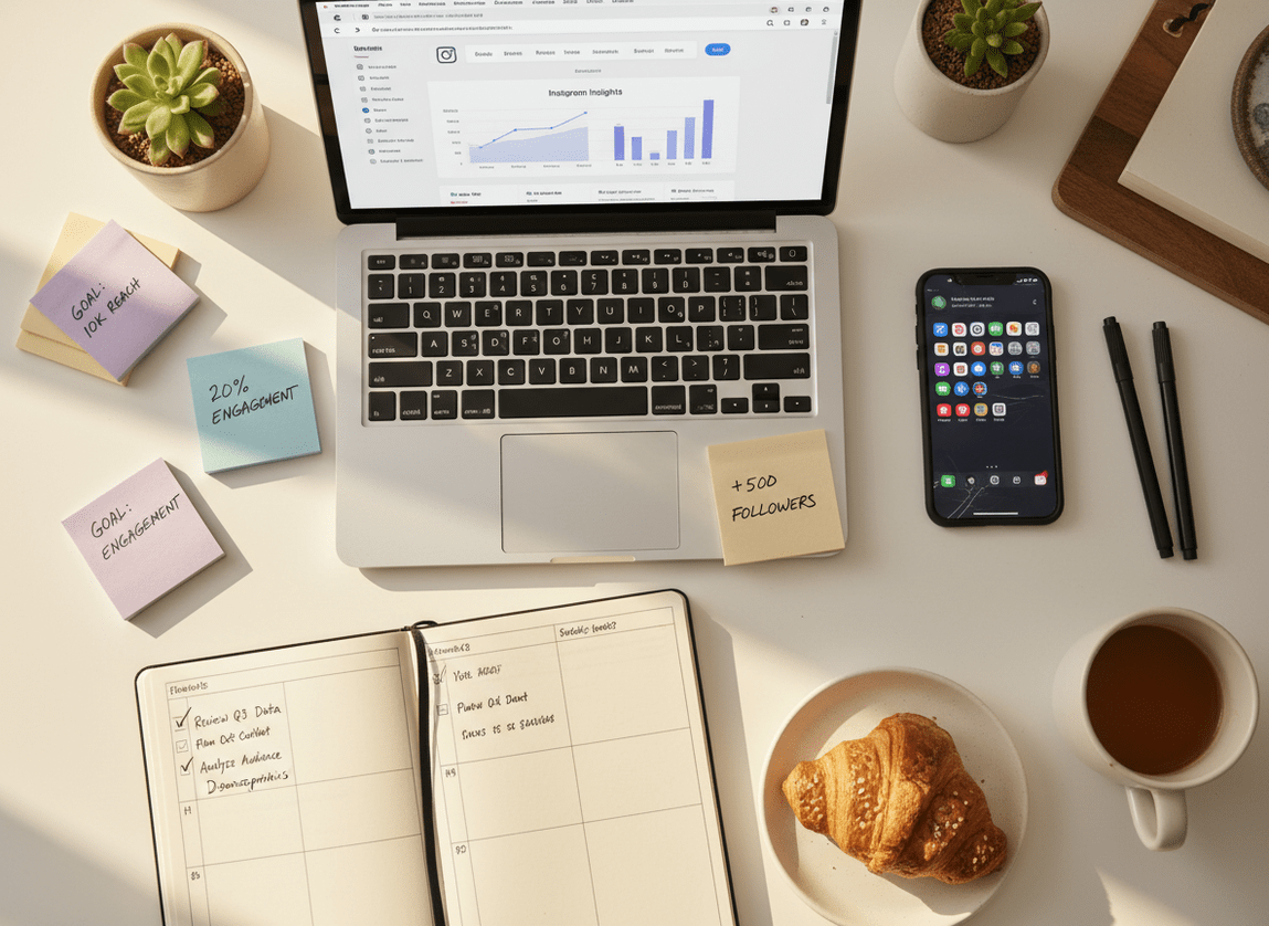 Use Instagram Analytics Reports to Boost Growth: Overhead flat lay of a content creator's workspace during an analytics re...