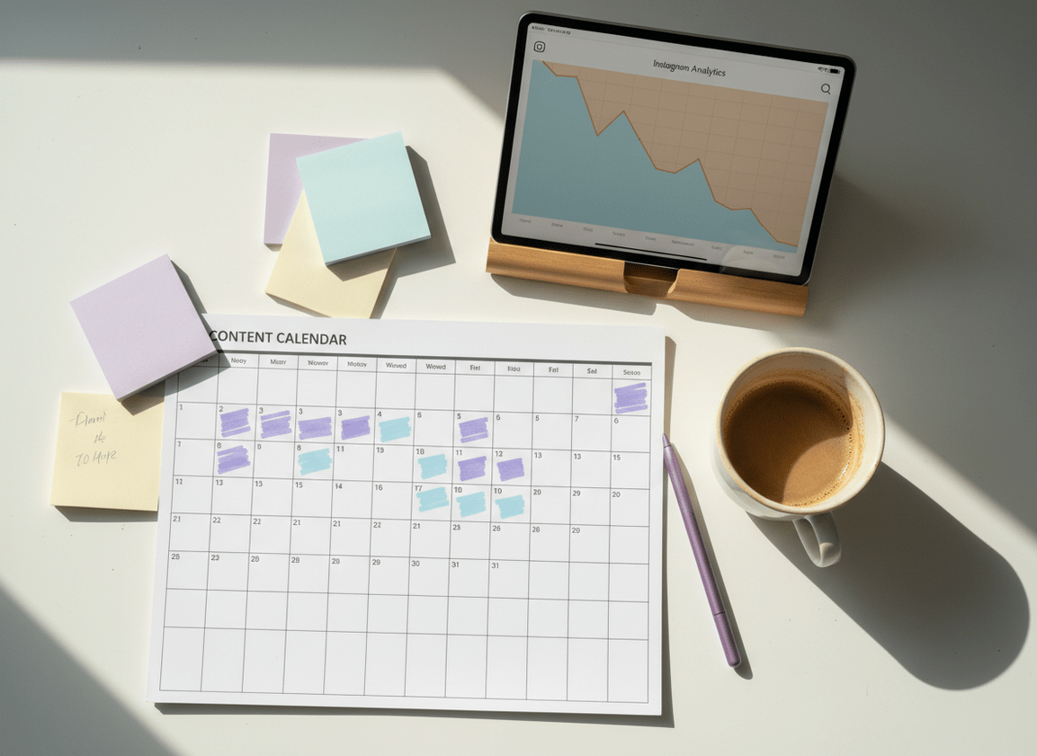 Instagram Reports Apps for Followers and Unfollowers: A flat lay photograph of a desk workspace showing a content calendar...