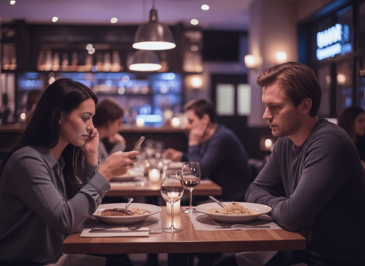 Why Women Delete Instagram in Relationships: A couple at a restaurant dinner table, one person scrolling on their phone while