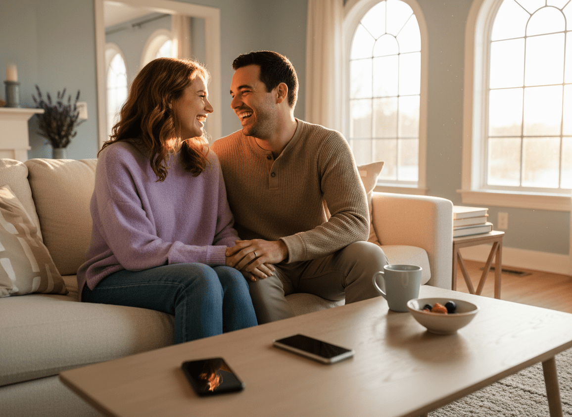 Why Women Delete Instagram in Relationships: A happy couple sitting together on a couch with their phones placed face-down on