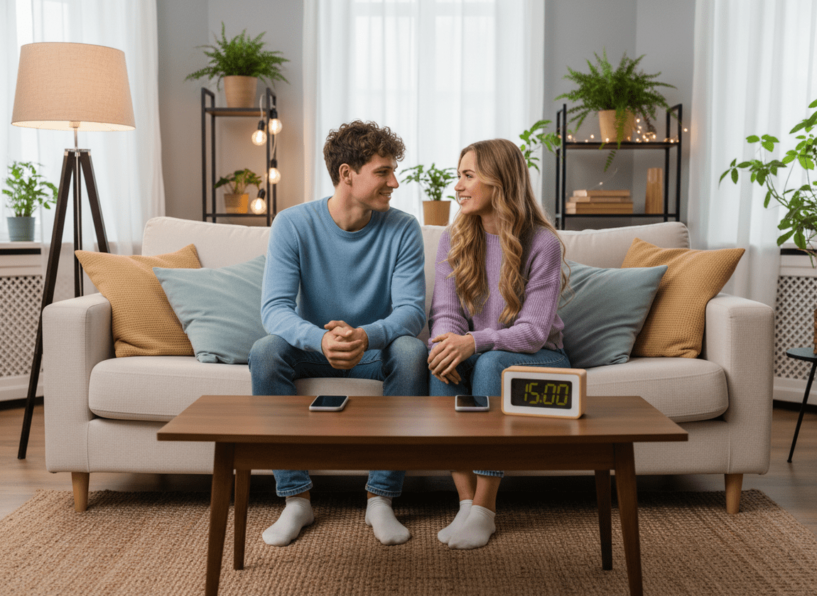 Instagram and Relationship Anxiety Guide: A young couple sitting together on a comfortable couch having an open, calm conv