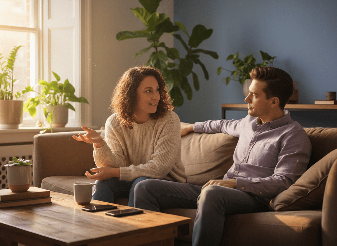 Why Your Partner Watches but Doesnt Engage: Two people having a relaxed, open conversation on a couch, one person gesturing 