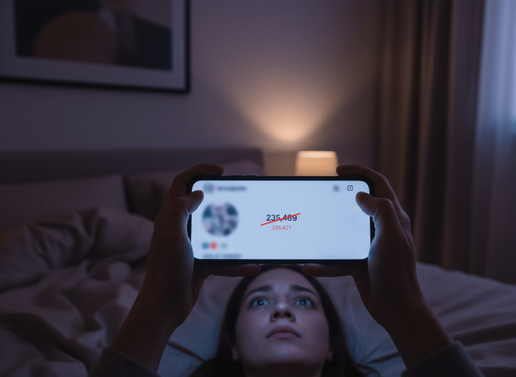 When Your Crush Unfollows You: Close-up of a person's hands holding a smartphone in a dimly lit bedroom at nigh