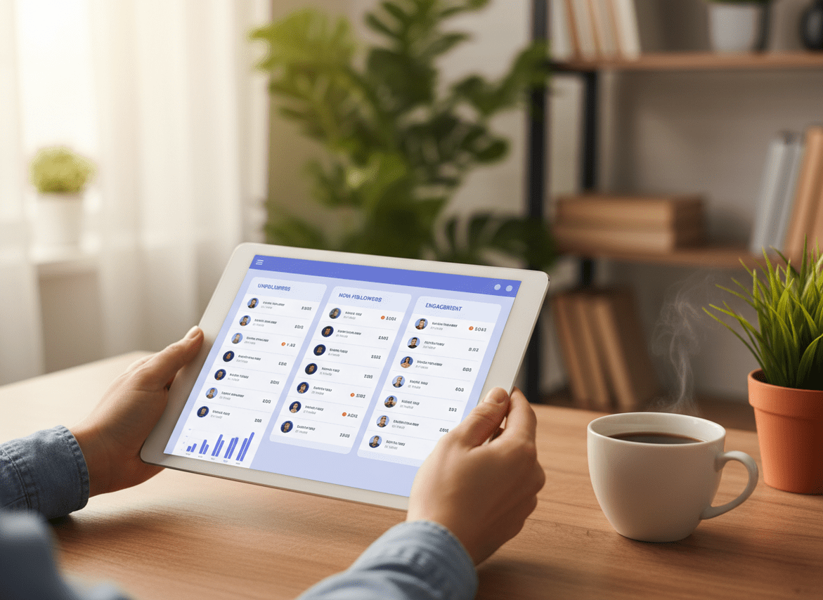 Hidden Instagram Follower Insights Using Reports Apps: A person's hands holding a tablet displaying a follower tracking in...