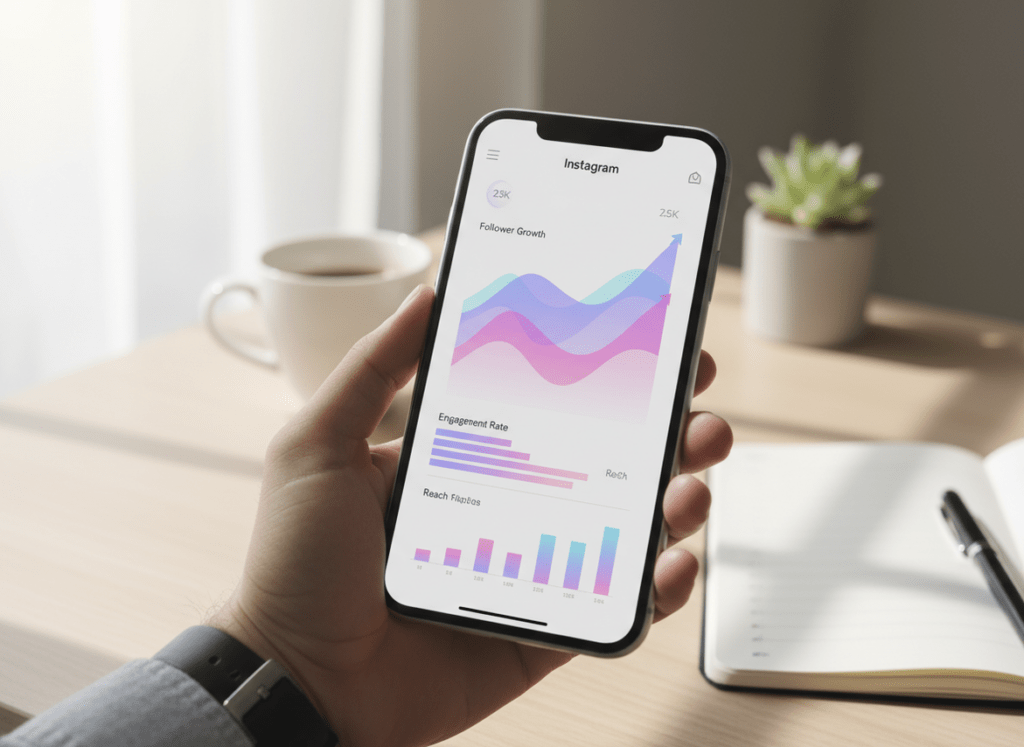 Use Instagram Analytics Reports to Boost Growth: A modern smartphone displaying colorful Instagram analytics graphs and ch...