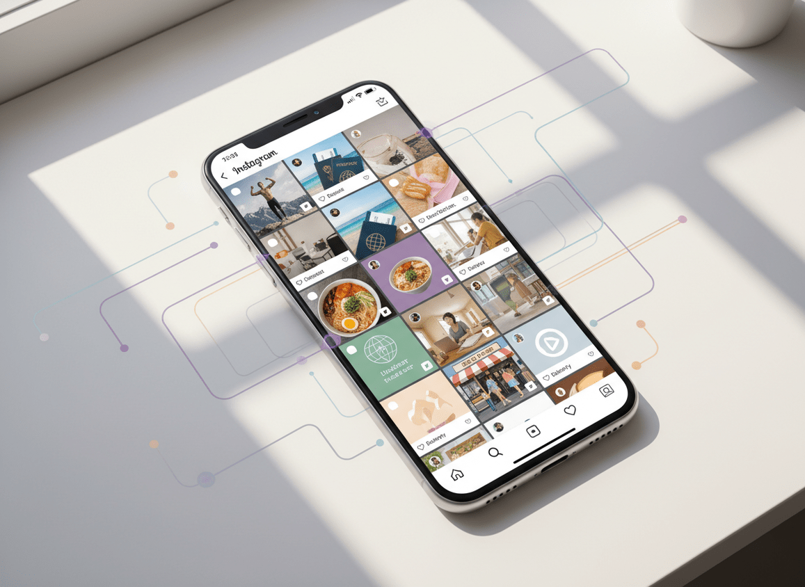 Why Your Ex Follows New People: A stylized overhead view of a smartphone displaying Instagram's Explore page fil