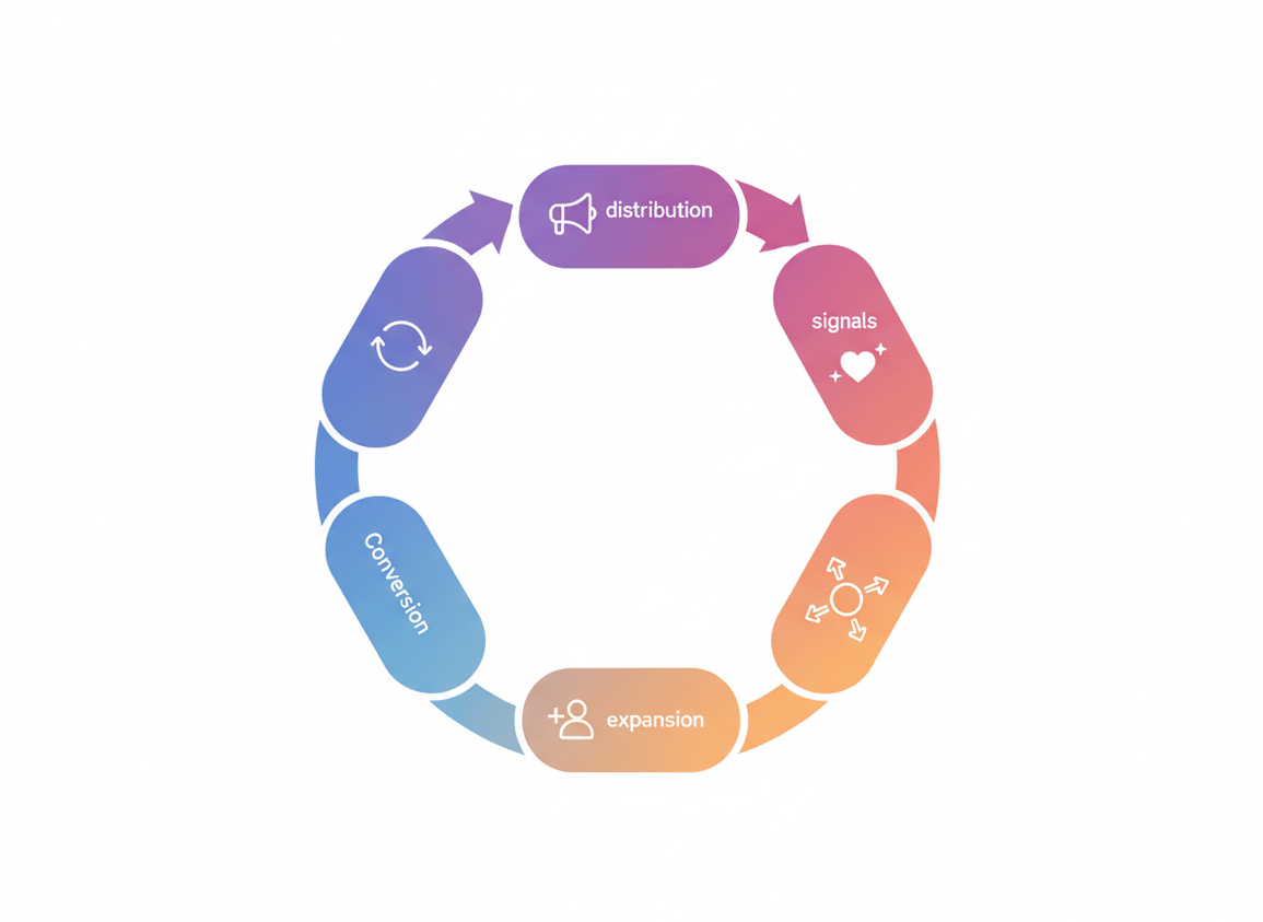 Use Instagram Analytics Reports to Boost Growth: A clean infographic-style illustration showing a circular feedback loop w...