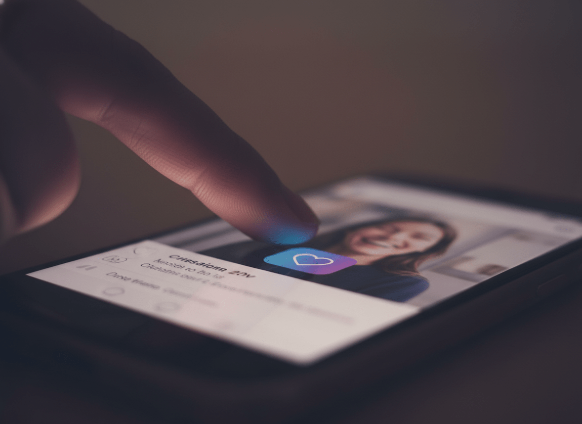 Why Your Partner Watches but Doesnt Engage: Dramatic close-up of a finger hovering hesitantly over the Instagram heart/like 