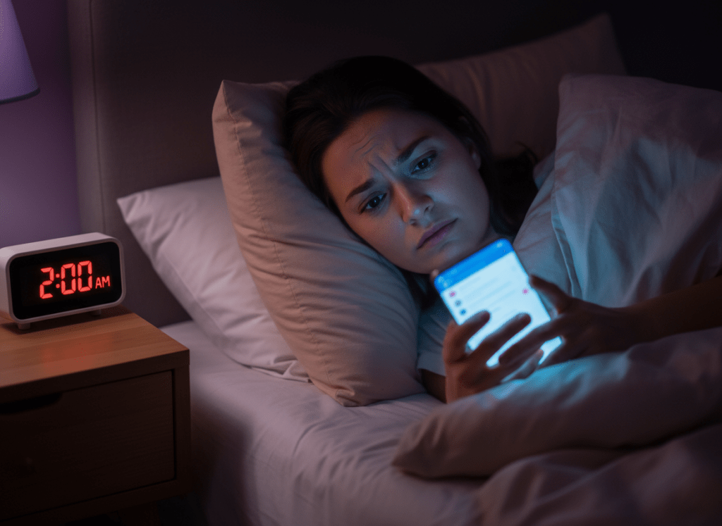 Instagram and Relationship Anxiety Guide: A person lying in bed late at night, face illuminated by the blue glow of their