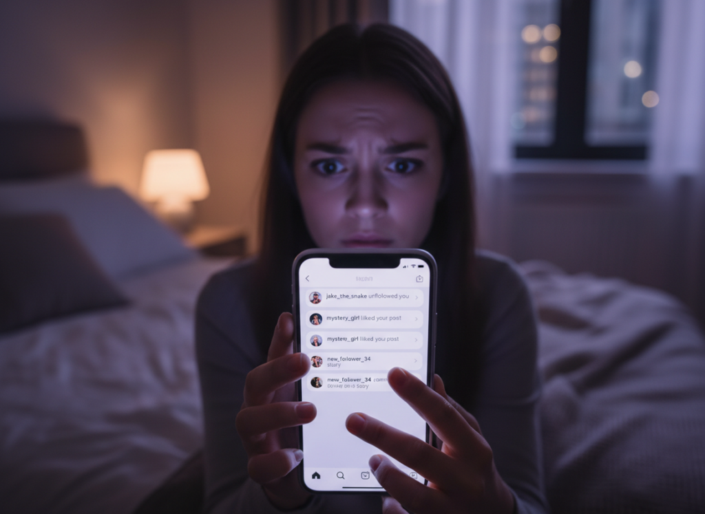 The Ick App vs Follower Tracker: Close-up of a person's hands holding a smartphone in dim lighting, screen showin
