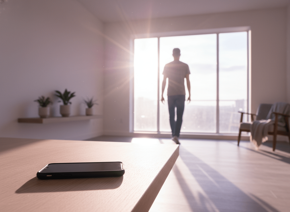 When Your Crush Unfollows You: A person placing their smartphone face-down on a wooden table and walking away t