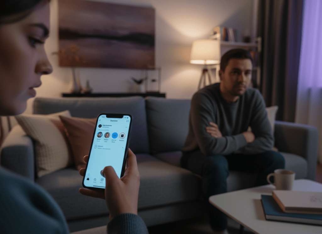 Why Your Partner Watches but Doesnt Engage: A couple sitting on a couch at night, one person holding a smartphone with Insta