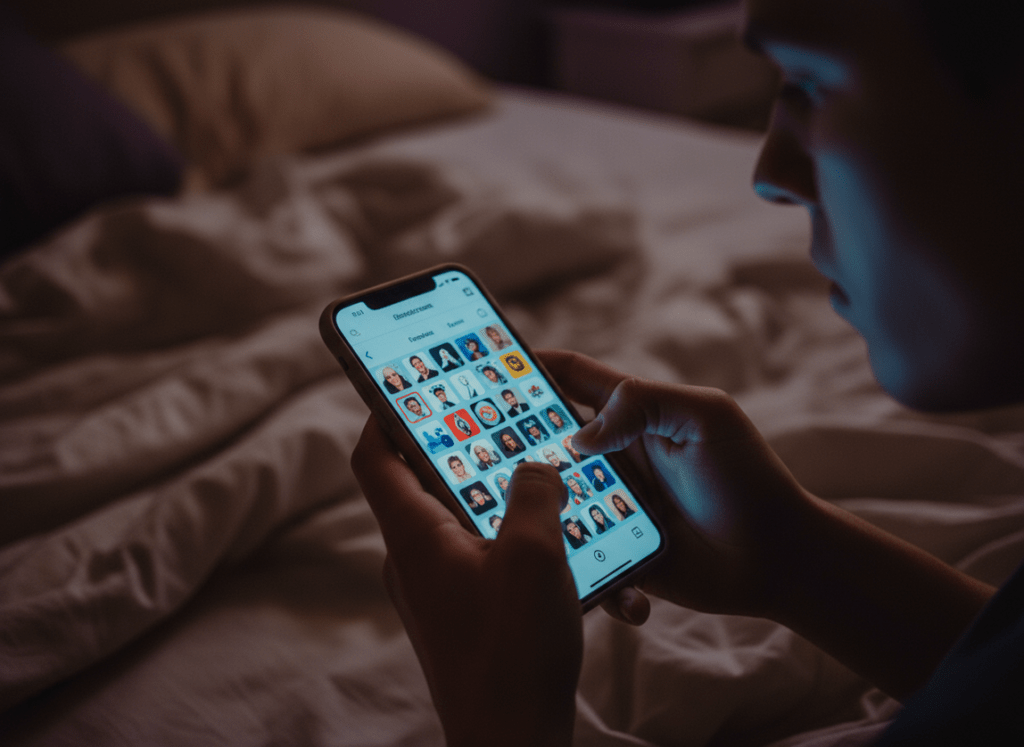 Why Your Ex Follows New People: A close-up of a person's hands holding a smartphone in a dark room, the phone sc