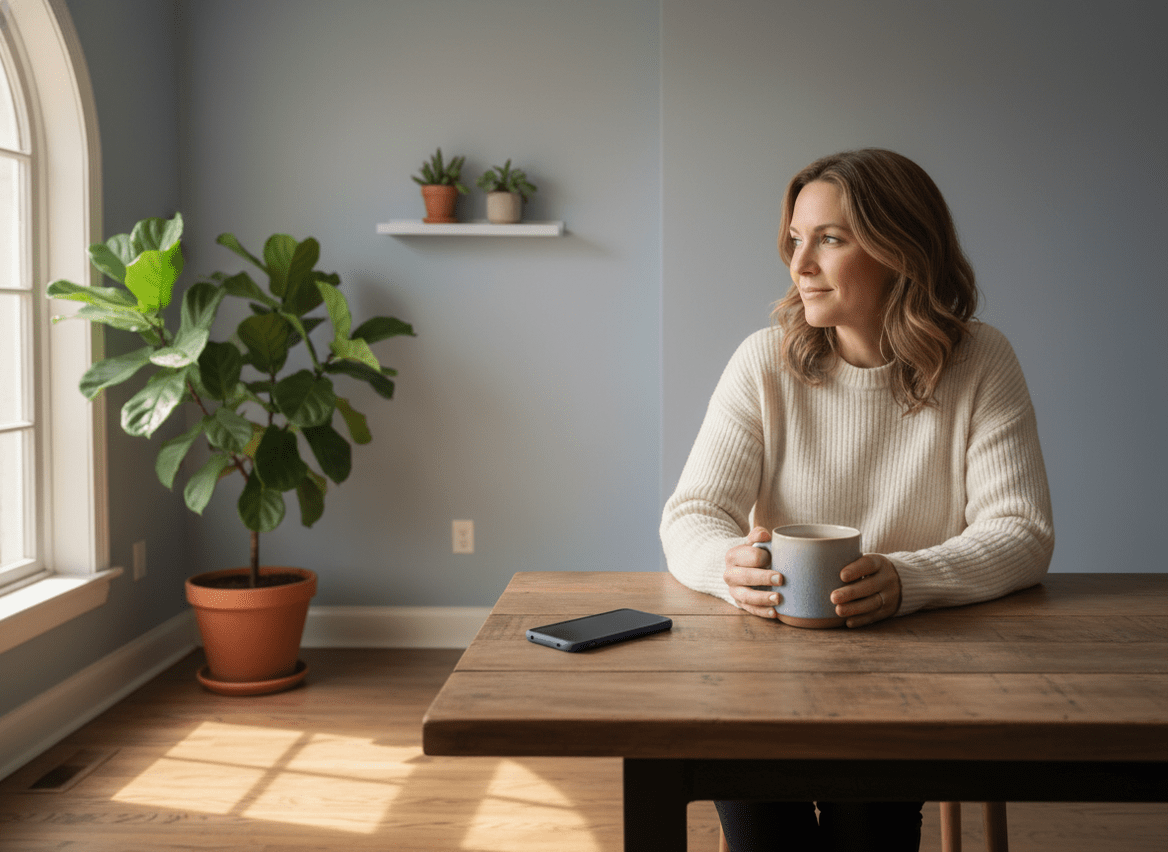 Why Your Ex Follows New People: A person sitting at a wooden table with their smartphone placed face-down at arm