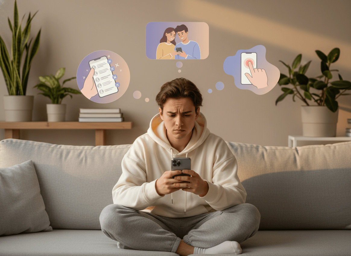 When Your Crush Unfollows You: Split composition showing a young adult sitting cross-legged on a couch, phone i