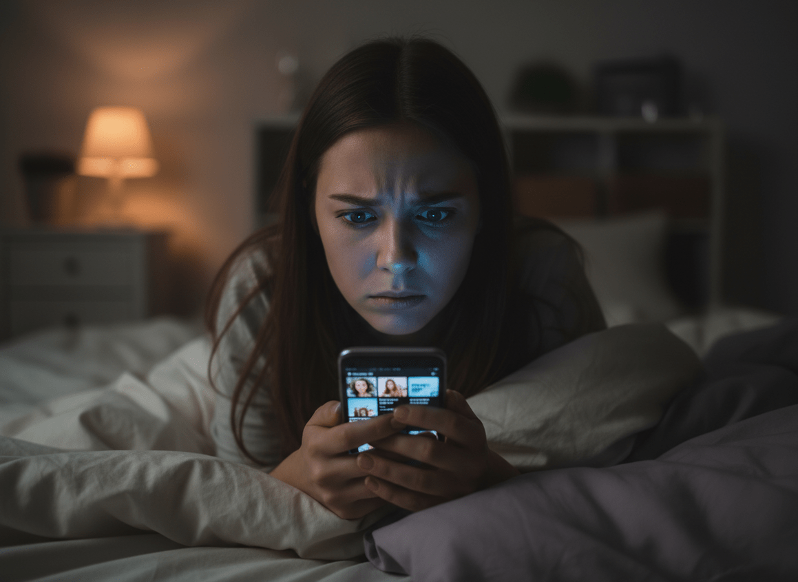 Why Women Delete Instagram in Relationships: Close-up of a woman's hands tightly gripping a smartphone in bed at night, blue